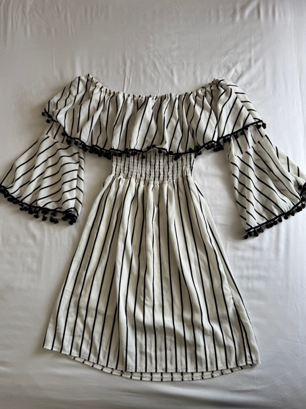 zeagoo Black & White Striped Off-Shoulder Dress with Pom Trim